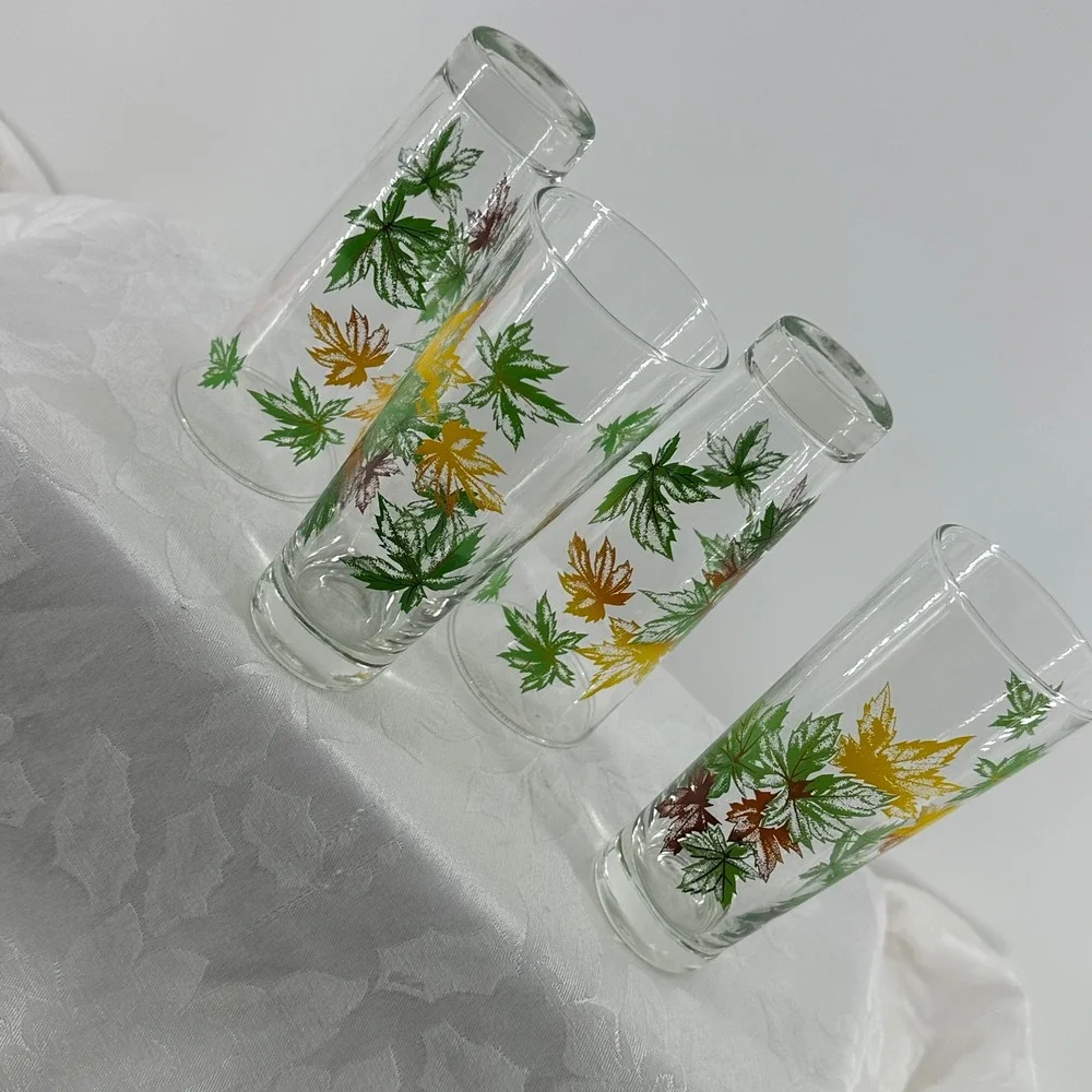 Vintage Maple Leaf Fall Tall Tumblers Clear Green Yellow Brown Set 4 Salem MCM
